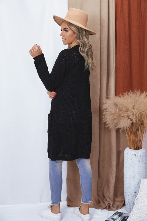 Long Line Open Front Knitted Cardigan With Pockets